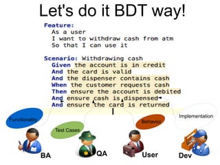 Let's do it BDT way!
5
UserQABA Dev
Functionality
Test Cases
Behavior
Implementation
 
