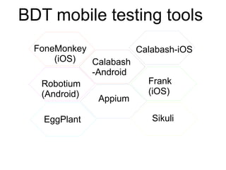 BDT mobile testing tools
Calabash-iOS
Calabash
-Android
Frank
(iOS)
Robotium
(Android)
FoneMonkey
(iOS)
Appium
SikuliEggPlant
 