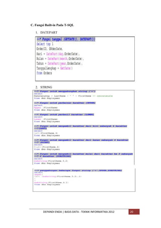 C. Fungsi Built-in Pada T-SQL
1. DATEPART

2. STRING

DEPANDI ENDA | BASIS DATA - TEKNIK INFORMATIKA 2012

20

 