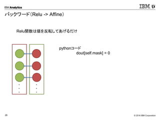 © 2016 IBM Corporation26
バックワード（Relu -> Affine）
pythonコード
dout[self.mask] = 0
Relu関数は値を反転してあげるだけ
・
・
・
・
・
・
 