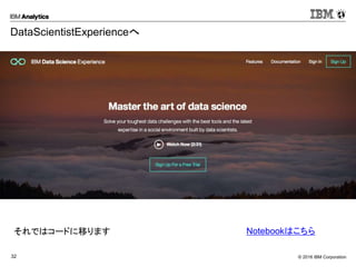 © 2016 IBM Corporation32
DataScientistExperienceへ
Notebookはこちらそれではコードに移ります
 
