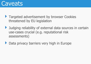 Caveats

 ‣  Targeted advertisement by browser Cookies
   threatened by EU legislation

 ‣  Judging reliability of external data sources in certain
   use-cases crucial (e.g. reputational risk
   assessments)

 ‣  Data privacy barriers very high in Europe
 