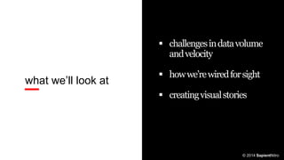  challenges in data volume
and velocity

what we’ll look at

 how we’re wired for sight
 creating visual stories

© 2014 SapientNitro

 