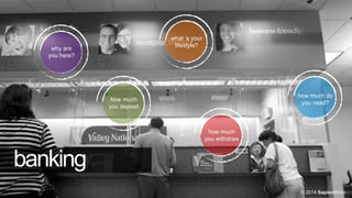 what ‘s your
lifestyle?

why are
you here?

how much do
you need?

how much
you deposit

how much
you withdraw

banking
© 2014 SapientNitro

 