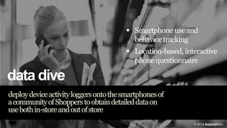  Smartphone use and
behavior tracking
 Location-based, interactive
phone questionnaire

data dive
deploy device activity loggers onto the smartphones of
a community of Shoppers to obtain detailed data on
use both in-store and out of store
© 2014 SapientNitro

 