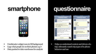 smartphone





Unobtrusive widget runs in OS background
Logs what people do on their phones 24/7
Data pushed to data warehouse for analysis

questionnaire



Helps us understand context and drivers of a
trip; ultimately match trip types of to phone
behavior and use

 