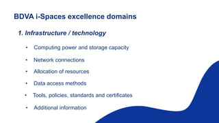 BDVA i-Spaces excellence domains
1. Infrastructure / technology
• Computing power and storage capacity
• Network connections
• Allocation of resources
• Data access methods
• Tools, policies, standards and certificates
• Additional information
 