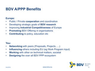 3-8-2016 13www.bdva.eu
BDV A/PPP Benefits
Europe:
• Public / Private cooperation and coordination
• Developing strategic goals of BDV research
• Improving Industrial Competitiveness of Europe
• Promoting BDV Offering in organisations
• Contributing to policy, education etc
You:
• Networking with peers (Proposals, Projects…..)
• Influencing others including EU (eg Work Program input)
• Working with other on technical matters, societal
• Designing the over all BDV PPP ecosystem
 