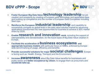 3-8-2016 25www.bdva.eu
BDV cPPP - Scope
Foster European Big Data Value technology leadership for job
creation and prosperity by creating a European wide technology and application base
and building up competence and the number of European Data Companies including
Start-Ups;
Reinforce the European industrial leadership and capability to
successfully compete on global level in the data value solution market by advancing
applications transformed into new opportunities for business to achieve a 30% market
share by 2020;
Enable research and innovation work, including the support of
interoperability and standardisation, for the future basis of Big Data Value creation in
Europe;
Facilitate the acceleration of business ecosystems and
appropriate business models with particular focus on SMEs, enforced by Europe-
wide benchmarking of usage, efficiency and benefits;
Provide successful solutions for major societal challenges Europe
is facing such as: Health, Energy, Transport and the Environment;
Increase awareness about Big Data Value benefits for businesses and
public sector and better acceptance by citizen, to engage them as prosumers and
accelerate take-up.
 