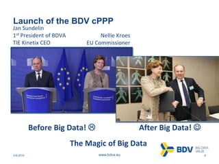 3-8-2016 6www.bdva.eu
Launch of the BDV cPPP
Jan Sundelin
1st President of BDVA
TIE Kinetix CEO
Nellie Kroes
EU Commissioner
Before Big Data!  After Big Data! 
The Magic of Big Data
 