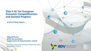 Edward Curry
BDVA Vice-president
Insight Centre for Data Analytics, Ireland
European Industry Partnerships Collaborative Event
Amsterdam, 17/4/19
Data 4 AI: For European
Economic Competitiveness
and Societal Progress
A Tale of Three Papers….
 