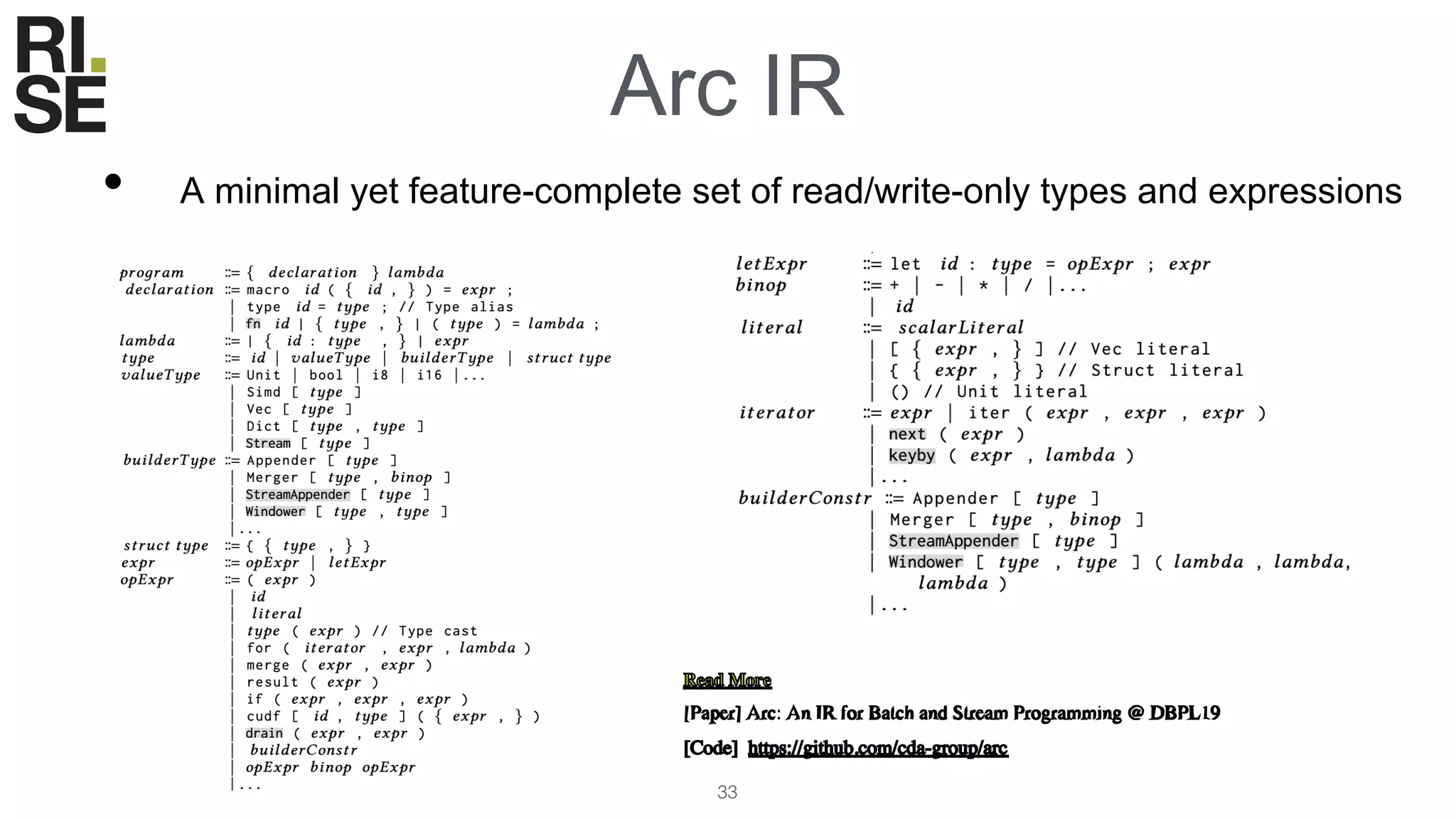 Arc IR
33
• A minimal yet feature-complete set of read/write-only types and expressions
 