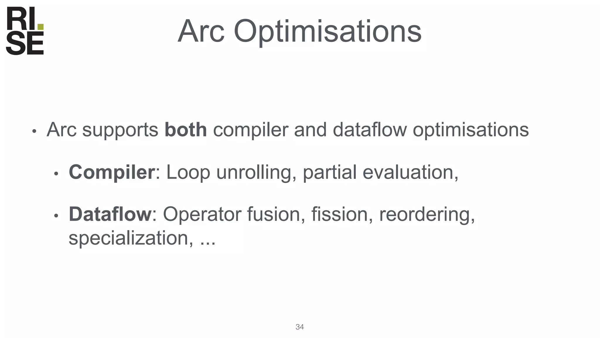 Arc Optimisations
• Arc supports both compiler and dataflow optimisations
• Compiler: Loop unrolling, partial evaluation,
• Dataflow: Operator fusion, fission, reordering,
specialization, ...
34
 