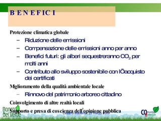 Protezione climatica globale Riduzione delle emissioni Compensazione delle emissioni anno per anno Benefici futuri: gli alberi sequestreranno CO 2  per molti anni Contributo allo sviluppo sostenibile con l’acquisto dei certificati Miglioramento della qualità ambientale locale Rinnovo del patrimonio arboreo cittadino Coinvolgimento di altre realtà locali Supporto e presa di coscienza dell’opinione pubblica BENEFICI 