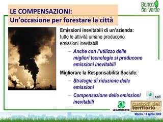 LE COMPENSAZIONI: Un’occasione per forestare la città <ul><li>Emissioni inevitabili di un’azienda:  tutte le attività uman...