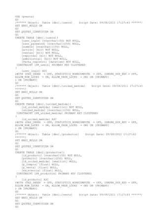 USE [pventa]
GO
/* Object: Table [dbo].[users]
Script Date: 09/08/2011 17:27:43 */
SET ANSI_NULLS ON
GO
SET QUOTED_IDENTIFIER ON
GO
CREATE TABLE [dbo].[users](
[user_login] [nvarchar](50) NOT NULL,
[user_password] [nvarchar](250) NULL,
[nombre] [nvarchar](150) NULL,
[activo] [bit] NOT NULL,
[ventas] [bit] NOT NULL,
[reportes] [bit] NOT NULL,
[administrar] [bit] NOT NULL,
[fecha_registro] [datetime] NOT NULL,
CONSTRAINT [PK_users] PRIMARY KEY CLUSTERED
(
[user_login] ASC
)WITH (PAD_INDEX = OFF, STATISTICS_NORECOMPUTE = OFF, IGNORE_DUP_KEY = OFF,
ALLOW_ROW_LOCKS = ON, ALLOW_PAGE_LOCKS = ON) ON [PRIMARY]
) ON [PRIMARY]
GO
/* Object: Table [dbo].[unidad_medida]
Script Date: 09/08/2011 17:27:43
*/
SET ANSI_NULLS ON
GO
SET QUOTED_IDENTIFIER ON
GO
CREATE TABLE [dbo].[unidad_medida](
[id_unidad_medida] [smallint] NOT NULL,
[unidad_medida] [nvarchar](150) NULL,
CONSTRAINT [PK_unidad_medida] PRIMARY KEY CLUSTERED
(
[id_unidad_medida] ASC
)WITH (PAD_INDEX = OFF, STATISTICS_NORECOMPUTE = OFF, IGNORE_DUP_KEY = OFF,
ALLOW_ROW_LOCKS = ON, ALLOW_PAGE_LOCKS = ON) ON [PRIMARY]
) ON [PRIMARY]
GO
/* Object: Table [dbo].[productos]
Script Date: 09/08/2011 17:27:43
*/
SET ANSI_NULLS ON
GO
SET QUOTED_IDENTIFIER ON
GO
CREATE TABLE [dbo].[productos](
[id_producto] [nvarchar](50) NOT NULL,
[producto] [nvarchar](250) NULL,
[id_unidad_medida] [smallint] NULL,
[p_compra] [float] NULL,
[p_venta] [float] NULL,
[existencia] [float] NULL,
CONSTRAINT [PK_productos] PRIMARY KEY CLUSTERED
(
[id_producto] ASC
)WITH (PAD_INDEX = OFF, STATISTICS_NORECOMPUTE = OFF, IGNORE_DUP_KEY = OFF,
ALLOW_ROW_LOCKS = ON, ALLOW_PAGE_LOCKS = ON) ON [PRIMARY]
) ON [PRIMARY]
GO
/* Object: Table [dbo].[venta]
Script Date: 09/08/2011 17:27:43 */
SET ANSI_NULLS ON
GO
SET QUOTED_IDENTIFIER ON
GO

 