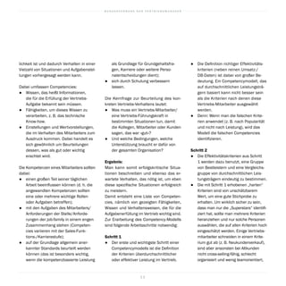 B U N D E S V E R B A N D D E R V E R T R I E B S M A N A G E R
1 2
●		 Die Definition richtiger Effektivitäts-
kriterien (neben reinen Umsatz-/
DB-Daten) ist dabei von großer Be-
deutung. Ein Competencymodell, das
auf durchschnittlichen Leistungsträ-
gern basiert kann nicht besser sein
als die Kriterien nach denen diese
Vertriebs-Mitarbeiter ausgewählt
werden.
●		 Denn: Wenn man die falschen Krite-
rien anwendet (z. B. nach Popularität
und nicht nach Leistung), wird das
Modell die falschen Competencies
identifizieren.
Schritt 2
●		 Die Effektivitätskriterien aus Schritt
1 werden dazu benutzt, eine Gruppe
von Bestleistern und eine Vergleichs-
gruppe von durchschnittlichen Leis-
tungsträgern eindeutig zu bestimmen.
●		 Die mit Schritt 1 erhobenen „harten“
Kriterien sind von unschätzbarem
Wert, um eine gute Stichprobe zu
erhalten. Um wirklich sicher zu sein,
dass man nur die „Superstars“ identifi-
ziert hat, sollte man mehrere Kriterien
heranziehen und nur solche Personen
auswählen, die auf allen Kriterien hoch
eingeschätzt werden. Einige Vertriebs-
mitarbeiter schneiden in einem Krite-
rium gut ab (z. B. Neukundenverkauf),
sind aber ansonsten bei Altkunden
nicht cross-selling-fähig, schlecht
organisiert und wenig teamorientiert,
als Grundlage für Grundgehaltsfra-
gen, Karriere oder weitere Perso-
nalentscheidungen dient);
●		 sich durch Schulung verbessern
lassen.
Die Kernfrage zur Beurteilung des kon-
kreten Vertriebs-Verhaltens lautet:
●		 Was muss ein Vertriebs-Mitarbeiter/
eine Vertriebs-Führungskraft in
bestimmten Situationen tun, damit
die Kollegen, Mitarbeiter oder Kunden
sagen, das war »gut«?
●		 Und welche Bedingungen, welche
Unterstützung braucht er dafür von
der gesamten Organisation?
Ergebnis:
Man kann somit erfolgskritische Situa-
tionen beschreiben und ebenso das er-
wartete Verhalten, das nötig ist, um eben
diese spezifische Situationen erfolgreich
zu meistern.
Damit entsteht eine Liste von Competen-
cies, nämlich von gezeigten Fähigkeiten,
Wissen und Verhaltensweisen, die für die
Aufgabenerfüllung im Vertrieb wichtig sind.
Zur Erarbeitung des Competency-Modells
sind folgende Arbeitsschritte notwendig:
Schritt 1
●		 Der erste und wichtigste Schritt einer
Competencymodells ist die Definition
der Kriterien überdurchschnittlicher
oder effektiver Leistung im Vertrieb.
lichkeit ist und dadurch Verhalten in einer
Vielzahl von Situationen und Aufgabenstel-
lungen vorhergesagt werden kann.
Dabei umfassen Competencies:
●		 Wissen, das heißt Informationen,
die für die Erfüllung der Vertriebs-
Aufgabe bekannt sein müssen.
●		 Fähigkeiten, um dieses Wissen zu
verarbeiten, z. B. das technische
Know-how.
●		 Einstellungen und Wertvorstellungen,
die im Verhalten des Mitarbeiters zum
Ausdruck kommen. Dabei handelt es
sich gewöhnlich um Beurteilungen
dessen, was als gut oder wichtig
erachtet wird.
Die Kompetenzen eines Mitarbeiters sollten
dabei:
●		 einen großen Teil seiner täglichen
Arbeit beeinflussen können (d. h. die
angewandten Kompetenzen sollten
eine oder mehrere wichtige Rollen
oder Aufgaben betreffen);
●		 mit den Aufgaben des Mitarbeiters/
Anforderungen der Stelle/Anforde-
rungen der job-family in einem engen
Zusammenhang stehen (Competen-
cies variieren mit der Sales-Funk-
tions-/Karrierestufe);
●		 auf der Grundlage allgemein aner-
kannter Standards beurteilt werden
können (das ist besonders wichtig,
wenn die kompetenzbasierte Leistung
 
