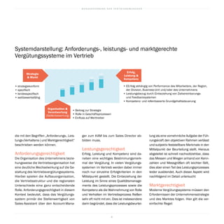 B U N D E S V E R B A N D D E R V E R T R I E B S M A N A G E R
4
lung als eine vornehmliche Aufgabe der Füh-
rungskraft den objektiven Rahmen verlässt
und subjektiv feststellbare Merkmale in den
Mittelpunkt der Beurteilung stellt. Hieraus
abgeleitet ist schnell nachvollziehbar, dass
das Messen und Wiegen anhand von Kenn-
zahlen und Messgrößen oft leichter fällt,
dies aber einen Teil des Leistungsprozesses
leider ausblendet. Auch dieser Aspekt wird
nachfolgend im Detail untersucht
Marktgerechtigkeit
Moderne Vergütungssysteme müssen den
Erfordernissen der Unternehmensstrategie
und des Marktes folgen. Hier gilt die ver-
einfachte Regel:
ger zum KAM bis zum Sales Director ab-
bilden muss.
Leistungsgerechtigkeit
Erfolg, Leistung und Kompetenz sind da-
neben eine wichtiges Bestimmungsmerk-
mal der Vergütung. In vielen Vergütungs-
systemen im Vertrieb werden dabei immer
noch nur einzelne Erfolgkriterien in den
Mittelpunkt gestellt. Die Einbeziehung der
Leistung im Sinne eines Qualitätsmanage-
ments des Leistungsprozesses sowie die
Kompetenz als die Wahrnehmung von Rolle
und Verhalten im Vertriebsprozess fließen
sehr oft nicht mit ein. Dies ist insbesondere
darin begründet, dass die Leistungsbeurtei-
die mit den Begriffen „Anforderungs-, Leis-
tungs-(Verhaltens-) und Marktgerechtigkeit“
beschrieben werden können.
Anforderungsgerechtigkeit
Die Organisation des Unternehmens bezie-
hungsweise die Vertriebsorganisation hat
eine deutliche Wechselwirkung auf die Ge-
staltung des Vertriebsvergütungssystems.
Hierbei spielen die Aufbauorganisation,
die Vertriebsstruktur und die regionalen
Unterschiede eine ganz entscheidende
Rolle. Anforderungsgerechtigkeit in diesem
Kontext bedeutet, dass das Vergütungs-
system primär die Stellenwertigkeit von
Sales-Assistant über den Account-Mana-
Erfolg,
Leistung 
Kompetenz
• strategiekonform
• spezifisch
• landesspezifisch
• wettbewerbsfähig
• EErfolg abhängig von Performance des Mitarbeiters, der Region,
der Division, Business-Unit und/oder des Unternehmens
• Leistungsbezug durch Einbeziehung von Zielvereinbarungs-
und Feedbacksystemen
• Kompetenz- und rollenbasierte Grundgehaltssteuerung
Strategie
 Markt
• Beitrag zur Strategie
• Rolle in Geschäftsprozessen
• Einfluss auf Werttreiber
Organisation 
Verantwortung
(Stellenbewertung)
Systemdarstellung: Anforderungs-, leistungs- und marktgerechte
Vergütungssysteme im Vertrieb
 