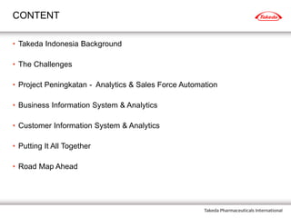 CONTENT
• Takeda Indonesia Background
• The Challenges
• Project Peningkatan - Analytics & Sales Force Automation
• Business Information System & Analytics
• Customer Information System & Analytics
• Putting It All Together
• Road Map Ahead
 
