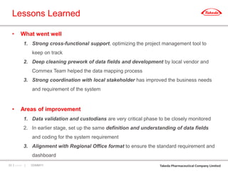 Lessons Learned
• What went well
1. Strong cross-functional support, optimizing the project management tool to
keep on track
2. Deep cleaning prework of data fields and development by local vendor and
Commex Team helped the data mapping process
3. Strong coordination with local stakeholder has improved the business needs
and requirement of the system
• Areas of improvement
1. Data validation and custodians are very critical phase to be closely monitored
2. In earlier stage, set up the same definition and understanding of data fields
and coding for the system requirement
3. Alignment with Regional Office format to ensure the standard requirement and
dashboard
｜○○○○ | DDMMYY33
 