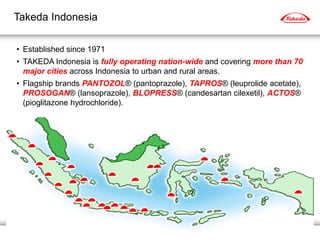 • Established since 1971
• TAKEDA Indonesia is fully operating nation-wide and covering more than 70
major cities across Indonesia to urban and rural areas.
• Flagship brands PANTOZOL® (pantoprazole), TAPROS® (leuprolide acetate),
PROSOGAN® (lansoprazole), BLOPRESS® (candesartan cilexetil), ACTOS®
(pioglitazone hydrochloride).
Takeda Indonesia
 