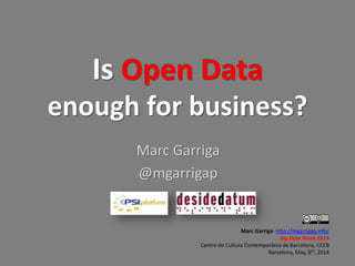 Is Open Data
enough for business?
Marc Garriga
@mgarrigap
Marc Garriga: http://mgarrigap.info/
Big Data Week 2014
Centre de Cultura Contemporània de Barcelona, CCCB
Barcelona, May, 8th, 2014
 