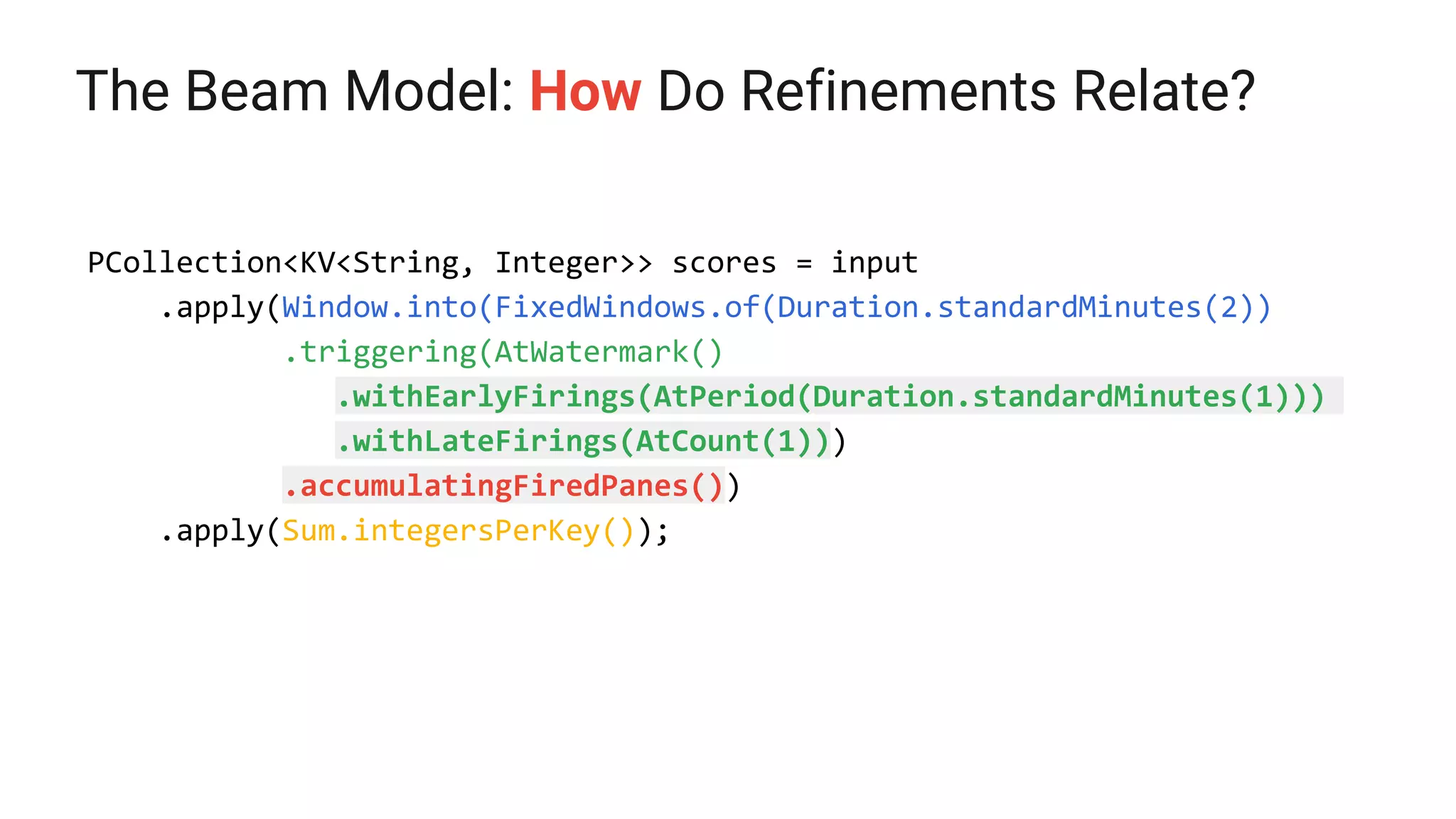 The Beam Model: How Do Refinements Relate?
PCollection<KV<String, Integer>> scores = input
.apply(Window.into(FixedWindows.of(Duration.standardMinutes(2))
.triggering(AtWatermark()
.withEarlyFirings(AtPeriod(Duration.standardMinutes(1)))
.withLateFirings(AtCount(1)))
.accumulatingFiredPanes())
.apply(Sum.integersPerKey());
 