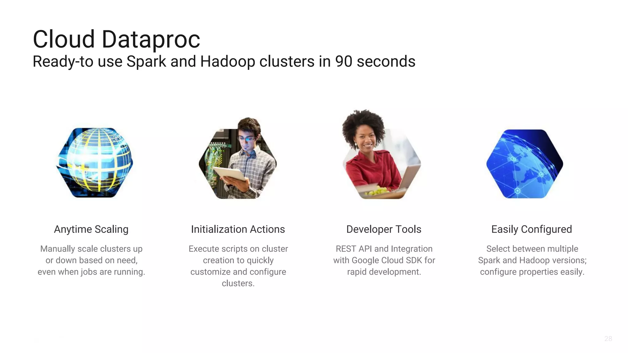28
Manually scale clusters up
or down based on need,
even when jobs are running.
REST API and Integration
with Google Cloud SDK for
rapid development.
Select between multiple
Spark and Hadoop versions;
configure properties easily.
Developer Tools Easily ConfiguredAnytime Scaling Initialization Actions
Execute scripts on cluster
creation to quickly
customize and configure
clusters.
Cloud Dataproc
Ready-to use Spark and Hadoop clusters in 90 seconds
 