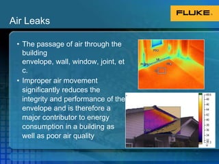 Air LeaksThe passage of air through the building envelope, wall, window, joint, etc.Improper air movement significantly reduces the integrity and performance of the envelope and is therefore a major contributor to energy consumption in a building as well as poor air quality