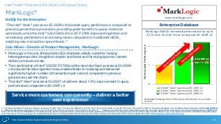 * Other Names and Brands May Be Claimed as the Property of Others
0
1
2
2S Intel® Xeon® processor E5-2697 v2
2S Intel® Xeon® processor E5-2697 v3
2S Intel® Xeon® processor E5-2699 v4
MarkLogic NoSQL increased performance by up to
2.21X with 2S Intel® Xeon® processor E5-2699 v4
MarkLogic*
NoSQL for the Enterprise
“The Intel® Xeon® processor E5-2699 v4 boosted query performance compared to
previous generations processors, providing great benefits to query-intensive
workloads, while the Intel® Solid State Drive DC P3700 improved ingestion and
re-indexing performance to amazing levels compared to traditional HDDs,
enabling new transaction speed levels.”1
Caio Milani – Director of Product Management, MarkLogic
10
www.marklogic.com
 MarkLogic is the only Enterprise NoSQL database, ideally suited for making
heterogeneous data integration simpler and faster and for doing dynamic content
delivery at massive scale.
 The combination of Intel® SSD DC P3700 and the new Intel Xeon processor E5-2699
v4 reduced the data ingestion time, enabled faster re-indexing and delivered
significantly higher number of transactions per second, compared to previous
generations (see the chart).
 The Intel® Xeon® processor E5-2697 v4 delivers about 13%2 improvement in query
performance compared to E5-2697 v3.
Enterprise Database
1 - Testing conducted on MarkLogic software comparing 2S Intel® Xeon® Processor E5-2699 v4 to 2S Intel® Xeon® Processor E5-2697 v2 and 2S Intel® Xeon® Processor E5-2697 v3. Testing by MarkLogic. For complete testing configuration details, SEE SLIDE 14.
2 – MarkLogic estimated increase for 2S Intel® Xeon® Processor E5-2697 v4 to 2S Intel® Xeon® Processor E5-2697 v3. Software and workloads used in performance tests may have been optimized for performance only on Intel microprocessors. Performance
tests, such as SYSmark and MobileMark, are measured using specific computer systems, components, software, operations and functions. Any change to any of those factors may cause the results to vary. You should consult other information and performance
tests to assist you in fully evaluating your contemplated purchases, including the performance of that product when combined with other products. For more complete information visit http://www.intel.com/performance.
Intel® Xeon® Processor E5-2600 v4 Product Family
Service more customers concurrently – deliver a better
user experience! Workload: MarkLogic 8.0-3 CPOx query benchmark on a 3 node
system.
NormalizedPerformance
E5-2697 v4
est. ~ 1.13X
 