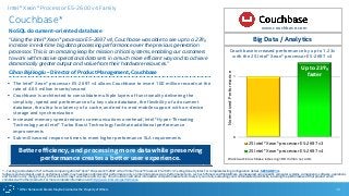 * Other Names and Brands May Be Claimed as the Property of Others
0
1
2S Intel® Xeon® processor E5-2697 v3
2S Intel® Xeon® processor E5-2697 v4
Couchbase increased performance by up to 1.23x
with the 2S Intel® Xeon® processor E5-2697 v4
Couchbase*
NoSQL document-oriented database
“Using the Intel® Xeon® processor E5-2697 v4, Couchbase was able to see up to a 23%
increase in real-time big data processing performance over the previous generation
processor. This is an amazing leap for mission critical systems, enabling our customers
to work with massive operational data sets in a much more efficient way and to achieve
dramatically greater output and value from their hardware resources.”
Cihan Biyikoglu – Director of Product Management, Couchbase
12
www.couchbase.com
 The Intel® Xeon® processor E5-2697 v4 allows Couchbase to insert 100 million records at the
rate of 4.65 million inserts/second
 Couchbase is architected to consolidate multiple layers of functionality delivering the
simplicity, speed and performance of a key value database, the flexibility of a document
database, the ultra-low latency of a cache, and end-to-end mobile support with on-device
storage and synchronization
 Increased memory speed reduces communications overhead; Intel® Hyper-Threading
Technology and Intel® Turbo Boost Technology facilitate additional performance
improvements
 Sub-millisecond response times to meet higher performance SLA requirements
Big Data / Analytics
Up to 23%
faster
1 - Testing conducted on ISV* software comparing 2S Intel® Xeon® Processor E5-2697 v4 to 2S Intel® Xeon® Processor E5-2697 v3. Testing done by Intel. For complete testing configuration details, SEE SLIDE 14.
Software and workloads used in performance tests may have been optimized for performance only on Intel microprocessors. Performance tests, such as SYSmark and MobileMark, are measured using specific computer systems, components, software, operations
and functions. Any change to any of those factors may cause the results to vary. You should consult other information and performance tests to assist you in fully evaluating your contemplated purchases, including the performance of that product when
combined with other products. For more complete information visit http://www.intel.com/performance.
Intel® Xeon® Processor E5-2600 v4 Family
Better efficiency, and processing more data while preserving
performance creates a better user experience. Workload: Couchbase indexing 100 million records
NormalizedPerformance
 