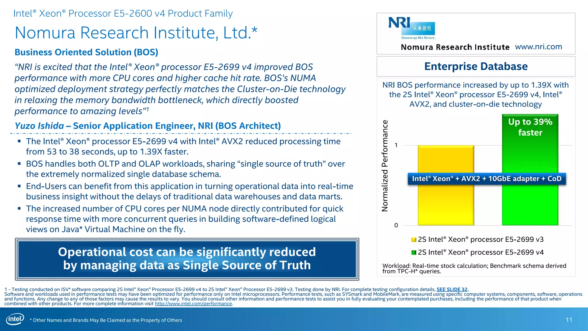 * Other Names and Brands May Be Claimed as the Property of Others
0
1
2S Intel® Xeon® processor E5-2699 v3
2S Intel® Xeon® processor E5-2699 v4
NRI BOS performance increased by up to 1.39X with
the 2S Intel® Xeon® processor E5-2699 v4, Intel®
AVX2, and cluster-on-die technology
Nomura Research Institute, Ltd.*
Business Oriented Solution (BOS)
“NRI is excited that the Intel® Xeon® processor E5-2699 v4 improved BOS
performance with more CPU cores and higher cache hit rate. BOS’s NUMA
optimized deployment strategy perfectly matches the Cluster-on-Die technology
in relaxing the memory bandwidth bottleneck, which directly boosted
performance to amazing levels”1
Yuzo Ishida – Senior Application Engineer, NRI (BOS Architect)
11
www.nri.com
 The Intel® Xeon® processor E5-2699 v4 with Intel® AVX2 reduced processing time
from 53 to 38 seconds, up to 1.39X faster.
 BOS handles both OLTP and OLAP workloads, sharing “single source of truth” over
the extremely normalized single database schema.
 End-Users can benefit from this application in turning operational data into real-time
business insight without the delays of traditional data warehouses and data marts.
 The increased number of CPU cores per NUMA node directly contributed for quick
response time with more concurrent queries in building software-defined logical
views on Java* Virtual Machine on the fly.
Enterprise Database
Up to 39%
faster
1 - Testing conducted on ISV* software comparing 2S Intel® Xeon® Processor E5-2699 v4 to 2S Intel® Xeon® Processor E5-2699 v3. Testing done by NRI. For complete testing configuration details, SEE SLIDE 32.
Software and workloads used in performance tests may have been optimized for performance only on Intel microprocessors. Performance tests, such as SYSmark and MobileMark, are measured using specific computer systems, components, software, operations
and functions. Any change to any of those factors may cause the results to vary. You should consult other information and performance tests to assist you in fully evaluating your contemplated purchases, including the performance of that product when
combined with other products. For more complete information visit http://www.intel.com/performance.
Operational cost can be significantly reduced
by managing data as Single Source of Truth Workload: Real-time stock calculation; Benchmark schema derived
from TPC-H* queries.
NormalizedPerformance
Intel® Xeon® Processor E5-2600 v4 Product Family
Intel® Xeon® + AVX2 + 10GbE adapter + CoD
 