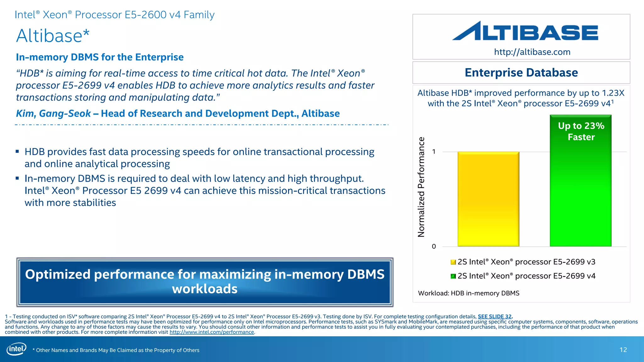 * Other Names and Brands May Be Claimed as the Property of Others
0
1
2S Intel® Xeon® processor E5-2699 v3
2S Intel® Xeon® processor E5-2699 v4
Workload: HDB in-memory DBMS
Altibase HDB* improved performance by up to 1.23X
with the 2S Intel® Xeon® processor E5-2699 v41
Altibase*
In-memory DBMS for the Enterprise
“HDB* is aiming for real-time access to time critical hot data. The Intel® Xeon®
processor E5-2699 v4 enables HDB to achieve more analytics results and faster
transactions storing and manipulating data.”
Kim, Gang-Seok – Head of Research and Development Dept., Altibase
12
http://altibase.com
 HDB provides fast data processing speeds for online transactional processing
and online analytical processing
 In-memory DBMS is required to deal with low latency and high throughput.
Intel® Xeon® Processor E5 2699 v4 can achieve this mission-critical transactions
with more stabilities
Enterprise Database
1 - Testing conducted on ISV* software comparing 2S Intel® Xeon® Processor E5-2699 v4 to 2S Intel® Xeon® Processor E5-2699 v3. Testing done by ISV. For complete testing configuration details, SEE SLIDE 32.
Software and workloads used in performance tests may have been optimized for performance only on Intel microprocessors. Performance tests, such as SYSmark and MobileMark, are measured using specific computer systems, components, software, operations
and functions. Any change to any of those factors may cause the results to vary. You should consult other information and performance tests to assist you in fully evaluating your contemplated purchases, including the performance of that product when
combined with other products. For more complete information visit http://www.intel.com/performance.
Intel® Xeon® Processor E5-2600 v4 Family
Optimized performance for maximizing in-memory DBMS
workloads
NormalizedPerformance
ISV logo
Up to 23%
Faster
 