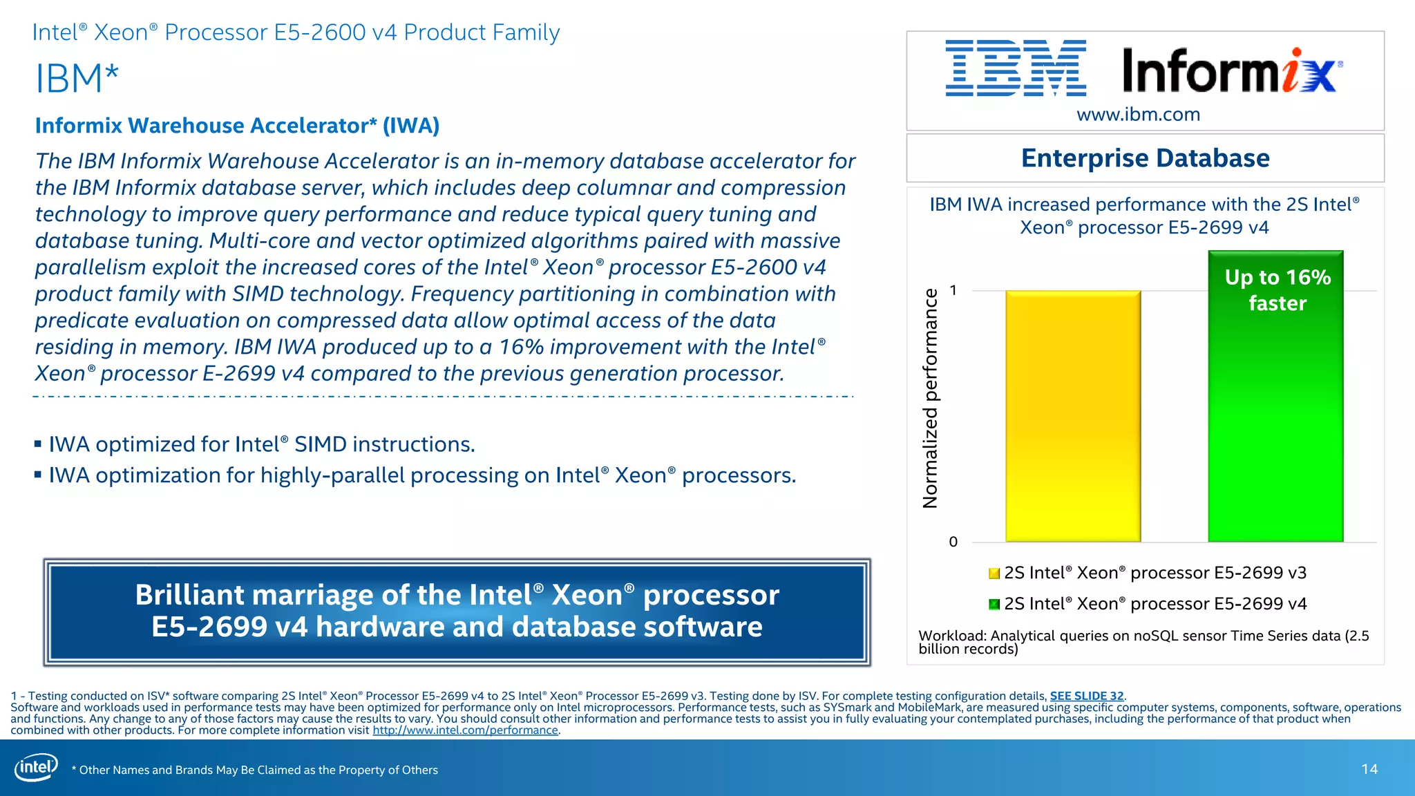 * Other Names and Brands May Be Claimed as the Property of Others
0
1
2S Intel® Xeon® processor E5-2699 v3
2S Intel® Xeon® processor E5-2699 v4
IBM IWA increased performance with the 2S Intel®
Xeon® processor E5-2699 v4
IBM*
Informix Warehouse Accelerator* (IWA)
The IBM Informix Warehouse Accelerator is an in-memory database accelerator for
the IBM Informix database server, which includes deep columnar and compression
technology to improve query performance and reduce typical query tuning and
database tuning. Multi-core and vector optimized algorithms paired with massive
parallelism exploit the increased cores of the Intel® Xeon® processor E5-2600 v4
product family with SIMD technology. Frequency partitioning in combination with
predicate evaluation on compressed data allow optimal access of the data
residing in memory. IBM IWA produced up to a 16% improvement with the Intel®
Xeon® processor E-2699 v4 compared to the previous generation processor.
14
www.ibm.com
 IWA optimized for Intel® SIMD instructions.
 IWA optimization for highly-parallel processing on Intel® Xeon® processors.
Enterprise Database
Up to 16%
faster
1 - Testing conducted on ISV* software comparing 2S Intel® Xeon® Processor E5-2699 v4 to 2S Intel® Xeon® Processor E5-2699 v3. Testing done by ISV. For complete testing configuration details, SEE SLIDE 32.
Software and workloads used in performance tests may have been optimized for performance only on Intel microprocessors. Performance tests, such as SYSmark and MobileMark, are measured using specific computer systems, components, software, operations
and functions. Any change to any of those factors may cause the results to vary. You should consult other information and performance tests to assist you in fully evaluating your contemplated purchases, including the performance of that product when
combined with other products. For more complete information visit http://www.intel.com/performance.
Intel® Xeon® Processor E5-2600 v4 Product Family
Brilliant marriage of the Intel® Xeon® processor
E5-2699 v4 hardware and database software Workload: Analytical queries on noSQL sensor Time Series data (2.5
billion records)
Normalizedperformance
 