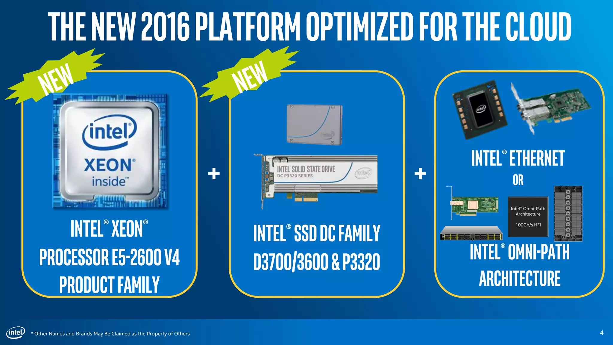 * Other Names and Brands May Be Claimed as the Property of Others 4
+
Intel®Xeon®
processorE5-2600v4
productfamily
Intel®SSDDCFamily
D3700/3600&P3320
+
Intel®Ethernet
OR
Intel®omni-path
architecture
TheNew2016PlatformOptimizedfortheCloud
 