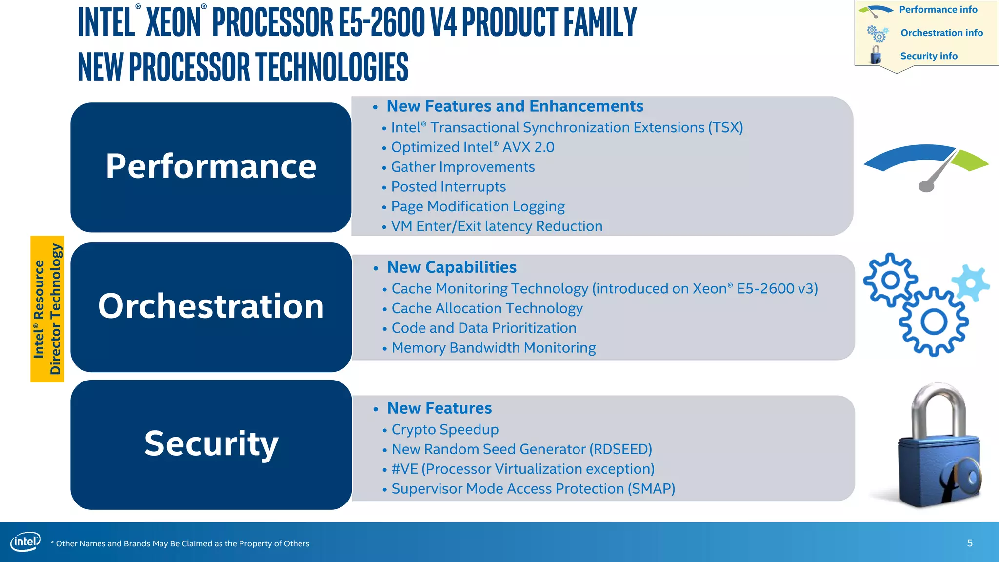 * Other Names and Brands May Be Claimed as the Property of Others 5
Intel® Xeon® ProcessorE5-2600v4ProductFamily
NewProcessorTechnologies
• New Features and Enhancements
• Intel® Transactional Synchronization Extensions (TSX)
• Optimized Intel® AVX 2.0
• Gather Improvements
• Posted Interrupts
• Page Modification Logging
• VM Enter/Exit latency Reduction
Performance
• New Capabilities
• Cache Monitoring Technology (introduced on Xeon® E5-2600 v3)
• Cache Allocation Technology
• Code and Data Prioritization
• Memory Bandwidth Monitoring
Orchestration
• New Features
• Crypto Speedup
• New Random Seed Generator (RDSEED)
• #VE (Processor Virtualization exception)
• Supervisor Mode Access Protection (SMAP)
Security
Performance info
Orchestration info
Security info
Intel®Resource
DirectorTechnology
 