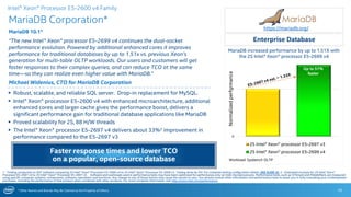 * Other Names and Brands May Be Claimed as the Property of Others
0
1
2S Intel® Xeon® processor E5-2697 v3
2S Intel® Xeon® processor E5-2699 v4
MariaDB increased performance by up to 1.51X with
the 2S Intel® Xeon® processor E5-2699 v4
MariaDB Corporation*
MariaDB 10.1*
“The new Intel® Xeon® processor E5-2699 v4 continues the dual-socket
performance evolution. Powered by additional enhanced cores it improves
performance for traditional databases by up to 1.51x vs. previous Xeon’s
generation for multi-table OLTP workloads. Our users and customers will get
faster responses to their complex queries, and can reduce TCO at the same
time—so they can realize even higher value with MariaDB.”
Michael Widenius, CTO for MariaDB Corporation
10
 Robust, scalable, and reliable SQL server. Drop-in replacement for MySQL.
 Intel® Xeon® processor E5-2600 v4 with enhanced microarchitecture, additional
enhanced cores and larger cache gives the performance boost, delivers a
significant performance gain for traditional database applications like MariaDB
 Proved scalability for 2S, 88 H/W threads
 The Intel® Xeon® processor E5-2697 v4 delivers about 33%2 improvement in
performance compared to the E5-2697 v3
Enterprise Database
Up to 51%
faster
1 - Testing conducted on ISV* software comparing 2S Intel® Xeon® Processor E5-2600 v4 to 2S Intel® Xeon® Processor E5-2600 v3. Testing done by ISV. For complete testing configuration details, SEE SLIDE 32. 2 - Estimated increase for 2S Intel® Xeon®
Processor E5-2697 v4 to 2S Intel® Xeon® Processor E5-2697 v3. Software and workloads used in performance tests may have been optimized for performance only on Intel microprocessors. Performance tests, such as SYSmark and MobileMark, are measured
using specific computer systems, components, software, operations and functions. Any change to any of those factors may cause the results to vary. You should consult other information and performance tests to assist you in fully evaluating your contemplated
purchases, including the performance of that product when combined with other products. For more complete information visit http://www.intel.com/performance.
Intel® Xeon® Processor E5-2600 v4 Family
Faster response times and lower TCO
on a popular, open-source database Workload: Sysbench OLTP
Normalizedperformance
https://mariadb.org/
 