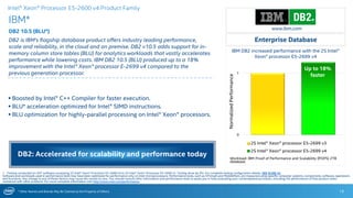 * Other Names and Brands May Be Claimed as the Property of Others
0
1
2S Intel® Xeon® processor E5-2699 v3
2S Intel® Xeon® processor E5-2699 v4
IBM DB2 increased performance with the 2S Intel®
Xeon® processor E5-2699 v4
IBM*
DB2 10.5 (BLU*)
DB2 is IBM's flagship database product offers industry leading performance,
scale and reliability, in the cloud and on premise. DB2 v10.5 adds support for in-
memory column store tables (BLU) for analytics workloads that vastly accelerates
performance while lowering costs. IBM DB2 10.5 (BLU) produced up to a 18%
improvement with the Intel® Xeon® processor E-2699 v4 compared to the
previous generation processor.
13
 Boosted by Intel® C++ Compiler for faster execution.
 BLU* acceleration optimized for Intel® SIMD instructions.
 BLU optimization for highly-parallel processing on Intel® Xeon® processors.
Enterprise Database
Up to 18%
faster
1 - Testing conducted on ISV* software comparing 2S Intel® Xeon® Processor E5-2699 v4 to 2S Intel® Xeon® Processor E5-2699 v3. Testing done by ISV. For complete testing configuration details, SEE SLIDE 32.
Software and workloads used in performance tests may have been optimized for performance only on Intel microprocessors. Performance tests, such as SYSmark and MobileMark, are measured using specific computer systems, components, software, operations
and functions. Any change to any of those factors may cause the results to vary. You should consult other information and performance tests to assist you in fully evaluating your contemplated purchases, including the performance of that product when
combined with other products. For more complete information visit http://www.intel.com/performance.
Intel® Xeon® Processor E5-2600 v4 Product Family
DB2: Accelerated for scalability and performance today Workload: IBM Proof of Performance and Scalability (POPS) 2TB
database.
NormalizedPerformance
www.ibm.com
 