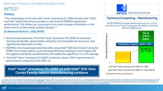 * Other Names and Brands May Be Claimed as the Property of Others
0
1
2
2S Intel® Xeon® processor E5-2697 v3 + HDD
2S Intel® Xeon® processor E5-2699 v4 + Intel SSD DC
INTES PERMAS increased performance by up to 2.81X
with the 2S Intel® Xeon® processor E5-2699 v4 and Intel®
SSD DC P3600 Series
INTES*
PERMAS
“The combination of the new Intel® Xeon® processor E5-2699 v4 with Intel® AVX2
and Intel® Solid State Drives provides a new level of PERMAS application
performance. This allows our customers to run more complex simulations in the
same time to achieve better product designs.”1
Dr Reinhard Helfrich – CEO, INTES
10
https://www.intes.de/
 General improvements: The Intel® Xeon® processor E5-2600 v4 increased
memory bandwidth, allows better utilization of computational resources, and
significantly improved run time.
 PERMAS time-based application benefits using Intel® SSD Data Center Family for
NVMe* from lower latency and increased efficiency leading to much higher I/O
throughput and better parallelization with additional significant run time savings.
 The Intel® Xeon® processor E5-2697 v4 delivers about 10%2 improvement in
performance compared to E5-2697 v3.
Technical Computing - Manufacturing
Up to
2.81X
faster
1 - Testing conducted on ISV* software comparing 2S Intel® Xeon® Processor E5-2699 v4 to 2S Intel® Xeon® Processor E5-2697 v3. 2 – Estimated improvement for Intel® Xeon® Processor E5-2697 v4 compared to 2S Intel® Xeon® Processor E5-2697 v3. Testing
done by Intel. For complete testing configuration details, SEE SLIDE 31. Software and workloads used in performance tests may have been optimized for performance only on Intel microprocessors. Performance tests, such as SYSmark and MobileMark, are
measured using specific computer systems, components, software, operations and functions. Any change to any of those factors may cause the results to vary. You should consult other information and performance tests to assist you in fully evaluating your
contemplated purchases, including the performance of that product when combined with other products. For more complete information visit http://www.intel.com/performance.
Intel Better Together: XEON + SSD
Intel® Xeon® Processor E5-2600 v4 Product Family
Intel® Xeon® processor E5-2699 v4 with Intel® SSD Data
Center Family reduce manufacturing runtimes Workload: Permas processing time.
NormalizedPerformance
E5-2697 v4
est. ~ 1.10X
 