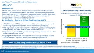 * Other Names and Brands May Be Claimed as the Property of Others
0
1
2S Intel® Xeon® processor E5-2697 v3
2S Intel® Xeon® processor E5-2697 v4
Product increased performance with 2S Intel® Xeon®
processor E5-2600 v4
ANSYS*
Mechanical* 17
“ANSYS helps customers turn their design concepts into successful, innovative
products. The combination of ANSYS Mechanical software running on the Intel®
Xeon® processor E5-2697 v4 and taking advantage of both the Intel® Solid State
Drive and the Intel® AVX2 really boosted performance to amazing levels
compared to the previous generation processors.”
Dr. Wim Slagter – Director of HPC and Cloud Marketing, ANSYS
11
 ANSYS Mechanical 17.0 has improved scalability to leverage more cores and
achieve higher performance on the newest Intel® Xeon® processors
 With higher core counts and more on-board memory, users can employ higher
fidelity models to achieve more accurate and detailed results.
 Higher memory bandwidth helps to maintain per-core performance even with a
higher core density on socket
 Higher performance means a shorter turn-around time on structural analysis
and the ability to cover more design points in design optimization.
Technical Computing - Manufacturing
Up to
70%
faster
1 - Testing conducted on ISV* software comparing 2S Intel® Xeon® Processor E5-2697 v4 to 2S Intel® Xeon® Processor E5-2697 v3. Testing done by Intel. For complete testing configuration details, SEE SLIDE 31.
Software and workloads used in performance tests may have been optimized for performance only on Intel microprocessors. Performance tests, such as SYSmark and MobileMark, are measured using specific computer systems, components, software, operations
and functions. Any change to any of those factors may cause the results to vary. You should consult other information and performance tests to assist you in fully evaluating your contemplated purchases, including the performance of that product when
combined with other products. For more complete information visit http://www.intel.com/performance.
Intel® Xeon® Processor E5-2600 v4 Product Family
Turn high-fidelity models into products faster Workload: V17SP-5 - Core Solver Rating.
NormalizedPerformance
www.ansys.com
Intel® Xeon® + Intel® AVX2 + Intel® SSD
 