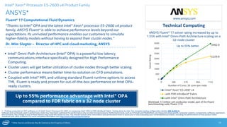 * Other Names and Brands May Be Claimed as the Property of Others
2226.8
3462.9
0
500
1000
1500
2000
2500
3000
3500
0 288 576 864 1152
SolverRating
Number of Cores, 36 cores per node
Intel® Xeon® E5-2697 v4
with FDR InfiniBand* Fabric
with Intel® Omni-Path Architecture
ANSYS Fluent* 17 solver rating increased by up to
1.55X with Intel® Omni-Path Architecture scaling on a
32-node cluster
ANSYS*
Fluent* 17 Computational Fluid Dynamics
“Thanks to Intel® OPA and the latest Intel® Xeon® processor E5-2600 v4 product
family, ANSYS Fluent* is able to achieve performance levels beyond our
expectations. Its unrivaled performance enables our customers to simulate
higher-fidelity models without having to expand their cluster nodes.”
Dr. Wim Slagter – Director of HPC and cloud marketing, ANSYS
13
www.ansys.com
 Intel® Omni-Path Architecture (Intel® OPA) is a powerful low latency
communications interface specifically designed for High Performance
Computing.
 Cluster users will get better utilization of cluster nodes through better scaling.
 Cluster performance means better time-to-solution on CFD simulations.
 Coupled with Intel® MPI, and utilizing standard Fluent runtime options to access
TMI, Fluent is ready and proven for out-of-the-box performance on Intel OPA-
ready clusters.
Technical Computing
Up to 55% better
1 - Testing conducted on ISV* software on 2S Intel® Xeon® Processor E5-2697 v4 comparing Intel® OPA to FDR InfiniBand* fabric. Testing done by Intel. For complete testing configuration details, SEE SLIDE 31.
Software and workloads used in performance tests may have been optimized for performance only on Intel microprocessors. Performance tests, such as SYSmark and MobileMark, are measured using specific computer systems, components, software, operations
and functions. Any change to any of those factors may cause the results to vary. You should consult other information and performance tests to assist you in fully evaluating your contemplated purchases, including the performance of that product when
combined with other products. For more complete information visit http://www.intel.com/performance.
Intel® Xeon® Processor E5-2600 v4 Product Family
Up to 55% performance advantage with Intel® OPA
compared to FDR fabric on a 32 node cluster Workload: 12 million cell combustor model, part of the Fluent
benchmarking suite. Fluent 17.0
 