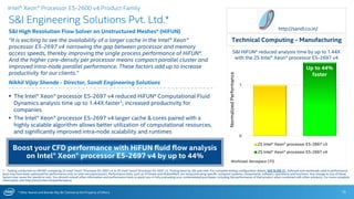 * Other Names and Brands May Be Claimed as the Property of Others
0
1
2S Intel® Xeon® processor E5-2697 v3
2S Intel® Xeon® processor E5-2697 v4
S&I HiFUN* reduced analysis time by up to 1.44X
with the 2S Intel® Xeon® processor E5-2697 v4
S&I Engineering Solutions Pvt. Ltd.*
S&I High Resolution Flow Solver on Unstructured Meshes* (HiFUN)
“It is exciting to see the availability of a larger cache in the Intel® Xeon®
processor E5-2697 v4 narrowing the gap between processor and memory
access speeds, thereby improving the single process performance of HiFUN*.
And the higher core-density per processor means compact parallel cluster and
improved intra-node parallel performance. These factors add up to increase
productivity for our clients.”
Nikhil Vijay Shende - Director, SandI Engineering Solutions
.
15
 The Intel® Xeon® processor E5-2697 v4 reduced HiFUN* Computational Fluid
Dynamics analysis time up to 1.44X faster1; increased productivity for
companies
 The Intel® Xeon® processor E5-2697 v4 larger cache & cores paired with a
highly scalable algorithm allows better utilization of computational resources,
and significantly improved intra-node scalability and runtimes
Technical Computing - Manufacturing
Up to 44%
faster
1 - Testing conducted on HiFUN* comparing 2S Intel® Xeon® Processor E5-2697 v4 to 2S Intel® Xeon® Processor E5-2697 v3. Testing done by S&I and Intel. For complete testing configuration details, SEE SLIDE 31. Software and workloads used in performance
tests may have been optimized for performance only on Intel microprocessors. Performance tests, such as SYSmark and MobileMark, are measured using specific computer systems, components, software, operations and functions. Any change to any of those
factors may cause the results to vary. You should consult other information and performance tests to assist you in fully evaluating your contemplated purchases, including the performance of that product when combined with other products. For more complete
information visit http://www.intel.com/performance.
Boost your CFD performance with HiFUN fluid flow analysis
on Intel® Xeon® processor E5-2697 v4 by up to 44%
Workload: Aerospace CFD
NormalizedPerformance
http://sandi.co.in/
Intel® Xeon® Processor E5-2600 v4 Product Family
 