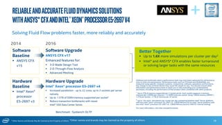 * Other Names and Brands May Be Claimed as the Property of Others
ReliableandAccurateFluidDynamicsSolutions
withANSYS*CFXandIntel®Xeon®ProcessorE5-2697v4
28
Solving Fluid Flow problems faster, more reliably and accurately
2014 2016
Software Upgrade
ANSYS CFX v17
Enhanced features for:
 3-D Blade Design Tool
 2-D Through-Flow Analysis
 Advanced Meshing
Hardware Upgrade
Intel® Xeon® processor E5-2697 v4
 Increased parallelism - up to 22 cores, up to 2-sockets per server
natively
 Up to 1.5TB of DDR4 memory supported per socket1
 Reduce transaction bottlenecks with newer
Intel® SSD Data Center Series
Software
Baseline
 ANSYS CFX
v15
Better Together
 Up to 1.6X more simulations per cluster per day2
 Intel® and ANSYS* CFX enables faster turnaround
or solving larger tasks with the same resources
Software and workloads used in performance tests may have been optimized for performance
only on Intel microprocessors. Performance tests, such as SYSmark and MobileMark, are
measured using specific computer systems, components, software, operations and functions.
Any change to any of those factors may cause the results to vary. You should consult other
information and performance tests to assist you in fully evaluating your contemplated
purchases, including the performance of that product when combined with other products.
1 Up to 3TB of memory supported per 2-socket server. Each socket supports 4 memory
channels @ 3 DIMMs per channel = 12 DIMM slots per socket. Using 128GB memory DIMMS =
1.5TB per socket = 3 TB of memory per 2P server.
2 Up to 1.6x more simulations per cluster per day comparing baseline Intel® Server platform
with two Intel® Xeon® processor E5-2697 v3, 128GB Memory (to an Intel® Server platform with
two Intel® Xeon® processor E5-2697 v4, 128GB Memory (source: ANSYS* internal testing).
For more information, visit intel.com/performance
Hardware
Baseline
 Intel® Xeon®
processor
E5-2697 v3
*Other names and brands may be claimed as the property of others.
Benchmark : Sysbench OLTP
+
 