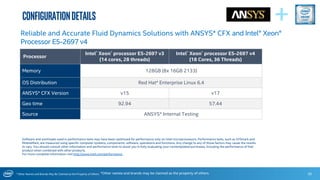 * Other Names and Brands May Be Claimed as the Property of Others
ConfigurationDetails
30
Processor
Intel® Xeon® processor E5-2697 v3
(14 cores, 28 threads)
Intel® Xeon® processor E5-2697 v4
(18 Cores, 36 Threads)
Memory 128GB (8x 16GB 2133)
OS Distribution Red Hat* Enterprise Linux 6.4
ANSYS* CFX Version v15 v17
Geo time 92.94 57.44
Source ANSYS* Internal Testing
Software and workloads used in performance tests may have been optimized for performance only on Intel microprocessors. Performance tests, such as SYSmark and
MobileMark, are measured using specific computer systems, components, software, operations and functions. Any change to any of those factors may cause the results
to vary. You should consult other information and performance tests to assist you in fully evaluating your contemplated purchases, including the performance of that
product when combined with other products.
For more complete information visit http://www.intel.com/performance.
*Other names and brands may be claimed as the property of others.
+Reliable and Accurate Fluid Dynamics Solutions with ANSYS* CFX and Intel® Xeon®
Processor E5-2697 v4
 