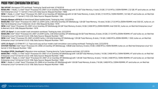 * Other Names and Brands May Be Claimed as the Property of Others
ProofpointConfigurationDetails:
S&I HiFUN*: Aerospace CFD workload. Testing by SandI and Intel, 2/16/2016
BASELINE: 1-Node, 2 x Intel® Xeon® Processor E5-2697 v3 on Grantley-EP (Wellsburg) with 32 GB Total Memory, 4 slots / 8 GB / 2133 MT/s / DDR4 RDIMM / 32 GB, HT and turbo on, on Red
Hat Enterprise Linux* 7.1 kernel 3.10.0-229. Data Source: Request Number: 1960
NEW: 1-Node, 2 x Intel® Xeon® Processor E5-2697 v4 on Grantley-EP (Wellsburg) with 32 GB Total Memory, 4 slots / 8 GB / 2133 MT/s / DDR4 RDIMM / 32 GB, HT and turbo on, on Red Hat
Enterprise Linux* 7.1 kernel 3.10.0-229. Data Source: Request Number: 196
Simulia Abaqus v2016.0: e5 benchmark (blast loaded plate). Testing by Intel, 1/22/2016
BASELINE: Intel® Xeon® Processor E5-2697 v3, (35M Cache, 2.60 GHz) Grantley-EP (Wellsburg), 128 GB Total Memory, 16 slots / 8 GB / 2133 MT/s /DDR4 RDIMM, Intel SSD DC, turbo on, on
Red Hat Enterprise Linux* 6.4kernel 2.6.32-358, Request Number: 1979
NEW: Intel® Xeon® Processor E5-2697 v4 on Grantley-EP (Wellsburg), 64 GB Total Memory, 8 slots / 8 GB / 2400 MT/s /DDR4 RDIMM, Intel SSD DC, turbo on, on Red Hat Enterprise Linux*
6.4kernel 2.6.32-358, Request Number: 1979
LSTC LS-Dyna*: 3-cars model crash simulation workload. Testing by Intel, 2/22/2016
BASELINE: Intel® Xeon® Processor E5-2697 v3 (35M Cache, 2.60 GHz) Grantley-EP (Wellsburg), 64 GB Total Memory, 8 slots / 8 GB / 2133 MT/s /DDR4 RDIMM, HT and turbo on, on Red Hat
Enterprise Linux* 6.4 kernel 2.6.32-358, Data Source: Request Number: 1941
NEW: Intel® Xeon® Processor E5-2697 v4 (45M Cache, 2.30 GHz) Grantley-EP (Wellsburg), 128 GB Total Memory, 8 slots / 16 GB / 2400 MT/s /DDR4 RDIMM, 1 SSD, turbo on, on Red Hat
Enterprise Linux* 6.4 kernel 2.6.32-358, Data Source: Request Number: 1941
LSTC LS-Dyna*: LS-DYNA R7.1.2, Topcrunch.org car2car model crash simulation core scaling workload. Testing by Intel, 2/22/2016
SYSTEM TESTED: Intel® Xeon® Processor E5-2690 v4 Grantley-EP (Wellsburg), 128GB total memory, 8 slots / 8 GB / 2400 MT/s / DDR4 RDIMM, turbo on, on Red Hat Enterprise Linux* 6.5
kernel 3.10.0, Request Number: 1992
Paradigm EPOS_GeoDepth*: Migration time workload. Testing done by Turbo Systems and Intel, 2/21/2016
BASELINE: 1-Node, 2 x Intel® Xeon® Processor E5-2697 v3 on Grantley-EP (Wellsburg) with 128 GB Total Memory, 8 slots / 16 GB / 2400 MT/s / DDR4 RDIMM, HT and turbo on, on Red Hat
Enterprise Linux* 6.4 kernel 2.6.32-358. Data Source: Request Number: 1900
NEXT GEN: 1-Node, 2 x Intel® Xeon® Processor E5-2697 v4 on Grantley-EP (Wellsburg) with 128 GB Total Memory, 8 slots / 16 GB / 2400 MT/s / DDR4 RDIMM, HT and turbo on, on Red Hat
Enterprise Linux* 6.4 kernel 2.6.32-358. Data Source: Request Number: 1900
NEW: 1-Node, 2 x Intel® Xeon® Processor E5-2699 v4 on Grantley-EP (Wellsburg) with 128 GB Total Memory, 8 slots / 16 GB / 2400 MT/s / DDR4 RDIMM, HT and turbo on, on Red Hat
Enterprise Linux* 6.4 kernel 2.6.32-358. Data Source: Request Number: 1900
33
 