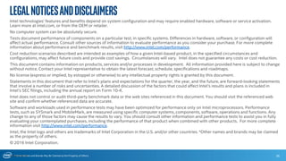 * Other Names and Brands May Be Claimed as the Property of Others
LegalNoticesandDisclaimers
Intel technologies’ features and benefits depend on system configuration and may require enabled hardware, software or service activation.
Learn more at intel.com, or from the OEM or retailer.
No computer system can be absolutely secure.
Tests document performance of components on a particular test, in specific systems. Differences in hardware, software, or configuration will
affect actual performance. Consult other sources of information to evaluate performance as you consider your purchase. For more complete
information about performance and benchmark results, visit http://www.intel.com/performance.
Cost reduction scenarios described are intended as examples of how a given Intel-based product, in the specified circumstances and
configurations, may affect future costs and provide cost savings. Circumstances will vary. Intel does not guarantee any costs or cost reduction.
This document contains information on products, services and/or processes in development. All information provided here is subject to change
without notice. Contact your Intel representative to obtain the latest forecast, schedule, specifications and roadmaps.
No license (express or implied, by estoppel or otherwise) to any intellectual property rights is granted by this document.
Statements in this document that refer to Intel’s plans and expectations for the quarter, the year, and the future, are forward-looking statements
that involve a number of risks and uncertainties. A detailed discussion of the factors that could affect Intel’s results and plans is included in
Intel’s SEC filings, including the annual report on Form 10-K.
Intel does not control or audit third-party benchmark data or the web sites referenced in this document. You should visit the referenced web
site and confirm whether referenced data are accurate.
Software and workloads used in performance tests may have been optimized for performance only on Intel microprocessors. Performance
tests, such as SYSmark and MobileMark, are measured using specific computer systems, components, software, operations and functions. Any
change to any of those factors may cause the results to vary. You should consult other information and performance tests to assist you in fully
evaluating your contemplated purchases, including the performance of that product when combined with other products. For more complete
information visit http://www.intel.com/performance.
Intel, the Intel logo and others are trademarks of Intel Corporation in the U.S. and/or other countries. *Other names and brands may be claimed
as the property of others.
© 2016 Intel Corporation.
3636363636 36
 