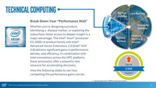 * Other Names and Brands May Be Claimed as the Property of Others
TechnicalComputing
8
Telecom.
& Cloud
Up to
Faster1
5.54X
Financial
Services &
Security
Big Data
Analytics
Core Business
Enterprise
Database
Break Down Your “Performance Wall”
Whether you’re designing a product,
identifying a disease marker, or exploring the
subsurface, faster access to deeper insight is a
major advantage. The Intel® Xeon® processor
E5-2600 v4 product family with Intel®
Advanced Vector Extensions 2.0 (Intel® AVX
2.0) delivers significant gains in performance,
density, and efficiency. In combination with
Intel innovations across the HPC platform,
these processors offer a powerful new
resource for accelerating discovery.
View the following slides to see how
compelling the performance gains can be.
1 – Demonstrated with LAMMPS* proof point, slide 9.
 