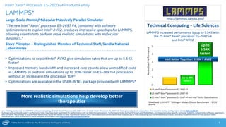 * Other Names and Brands May Be Claimed as the Property of Others
0
1
2
3
4
5
NormalizedPerformance
2S Intel® Xeon® processor E5-2697 v3
2S Intel® Xeon® processor E5-2697 v4
2S Intel® Xeon® processor E5-2697 v4 and Intel® AVX2 Optimizations
Up to 30%
faster!!
LAMMPS increased performance by up to 5.54X with
the 2S Intel® Xeon® processor E5-2697 v4
and Intel® AVX2
LAMMPS*
Large-Scale Atomic/Molecular Massively Parallel Simulator
“The new Intel® Xeon® processor E5-2697 V4, combined with software
optimizations to exploit Intel® AVX2, produces impressive speedups for LAMMPS,
allowing scientists to perform more realistic simulations with molecular
dynamics.”
Steve Plimpton – Distinguished Member of Technical Staff, Sandia National
Laboratories
9
http://lammps.sandia.gov/
 Optimizations to exploit Intel® AVX2 give simulation rates that are up to 5.54X
faster1
 Improved memory bandwidth and increased core counts allow unmodified code
in LAMMPS to perform simulations up to 30% faster on E5-2697v4 processors
without an increase in the processor TDP2
 Optimizations are available in the USER-INTEL package provided with LAMMPS*
Technical Computing - Life Sciences
1,2 - Testing conducted on LAMMPS* software comparing 2S Intel® Xeon® Processor E5-2697 v4 to 2S Intel® Xeon® Processor E5-2697 v3. Testing done by Intel® corporation. For complete testing configuration details, SEE SLIDE 31.
Software and workloads used in performance tests may have been optimized for performance only on Intel microprocessors. Performance tests, such as SYSmark and MobileMark, are measured using specific computer systems, components, software, operations
and functions. Any change to any of those factors may cause the results to vary. You should consult other information and performance tests to assist you in fully evaluating your contemplated purchases, including the performance of that product when
combined with other products. For more complete information visit http://www.intel.com/performance.
Intel® Xeon® Processor E5-2600 v4 Product Family
More realistic simulations help develop better
therapeutics
Up to
5.54X
faster!
Workload: LAMMPS* Stillinger-Weber Silicon Benchmark – 512K
atoms.
Intel Better Together: XEON + AVX2
 