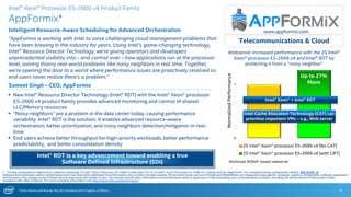 * Other Names and Brands May Be Claimed as the Property of Others
0
1
2S Intel® Xeon® processor E5-2699 v4 (No CAT)
2S Intel® Xeon® processor E5-2699 v4 (with CAT)
Webserver increased performance with the 2S Intel®
Xeon® processor E5-2699 v4 and Intel® RDT by
protecting it from a “noisy neighbor”
AppFormix*
Intelligent Resource-Aware Scheduling for Advanced Orchestration
“AppFormix is working with Intel to solve challenging cloud management problems that
have been brewing in the industry for years. Using Intel’s game-changing technology,
Intel® Resource Director Technology, we're giving operators and developers
unprecedented visibility into – and control over – how applications run at the processor
level, solving thorny real-world problems like noisy neighbors in real time. Together,
we're opening the door to a world where performance issues are proactively resolved so
end users never realize there's a problem.”
Sumeet Singh – CEO, AppFormix
9
www.appformix.com
 New Intel® Resource Director Technology (Intel® RDT) with the Intel® Xeon® processor
E5-2600 v4 product family provides advanced monitoring and control of shared
LLC/Memory resources
 “Noisy neighbors” are a problem in the data center today, causing performance
variability. Intel® RDT is the solution. It enables advanced resource-aware
orchestration, better prioritization, and noisy neighbors detection/mitigation in real-
time
 End users achieve better throughput for high-priority workloads, better performance
predictability, and better consolidation density
Telecommunications & Cloud
Up to 27%
More
1 - Testing conducted on AppFormix* software comparing 2S Intel® Xeon® Processor E5-2699 v4 with Intel CAT to 2S Intel® Xeon® Processor E5-2699 v4. Testing done by AppFormix. For complete testing configuration details, SEE SLIDE 16
Software and workloads used in performance tests may have been optimized for performance only on Intel microprocessors. Performance tests, such as SYSmark and MobileMark, are measured using specific computer systems, components, software, operations
and functions. Any change to any of those factors may cause the results to vary. You should consult other information and performance tests to assist you in fully evaluating your contemplated purchases, including the performance of that product when
combined with other products. For more complete information visit http://www.intel.com/performance.
Intel Cache Allocation Technology (CAT) can
prioritize important VMs – e.g., Web server
Intel® Xeon® Processor E5-2600 v4 Product Family
Intel® RDT is a key advancement toward enabling a true
Software Defined Infrastructure (SDI) Workload: NGINX*-based webserver
NormalizedPerformance
Intel® Xeon® + Intel® RDT
 