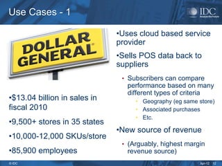 Apr-12
© IDC
Use Cases - 1
Use Cases - 1
•$13.04 billion in sales in
fiscal 2010
•9,500+ stores in 35 states
•10,000-12,000 SKUs/store
•85,900 employees
•Uses cloud based service
provider
•Sells POS data back to
suppliers
• Subscribers can compare
performance based on many
different types of criteria
• Geography (eg same store)
• Associated purchases
• Etc.
•New source of revenue
• (Arguably, highest margin
revenue source)
12
 